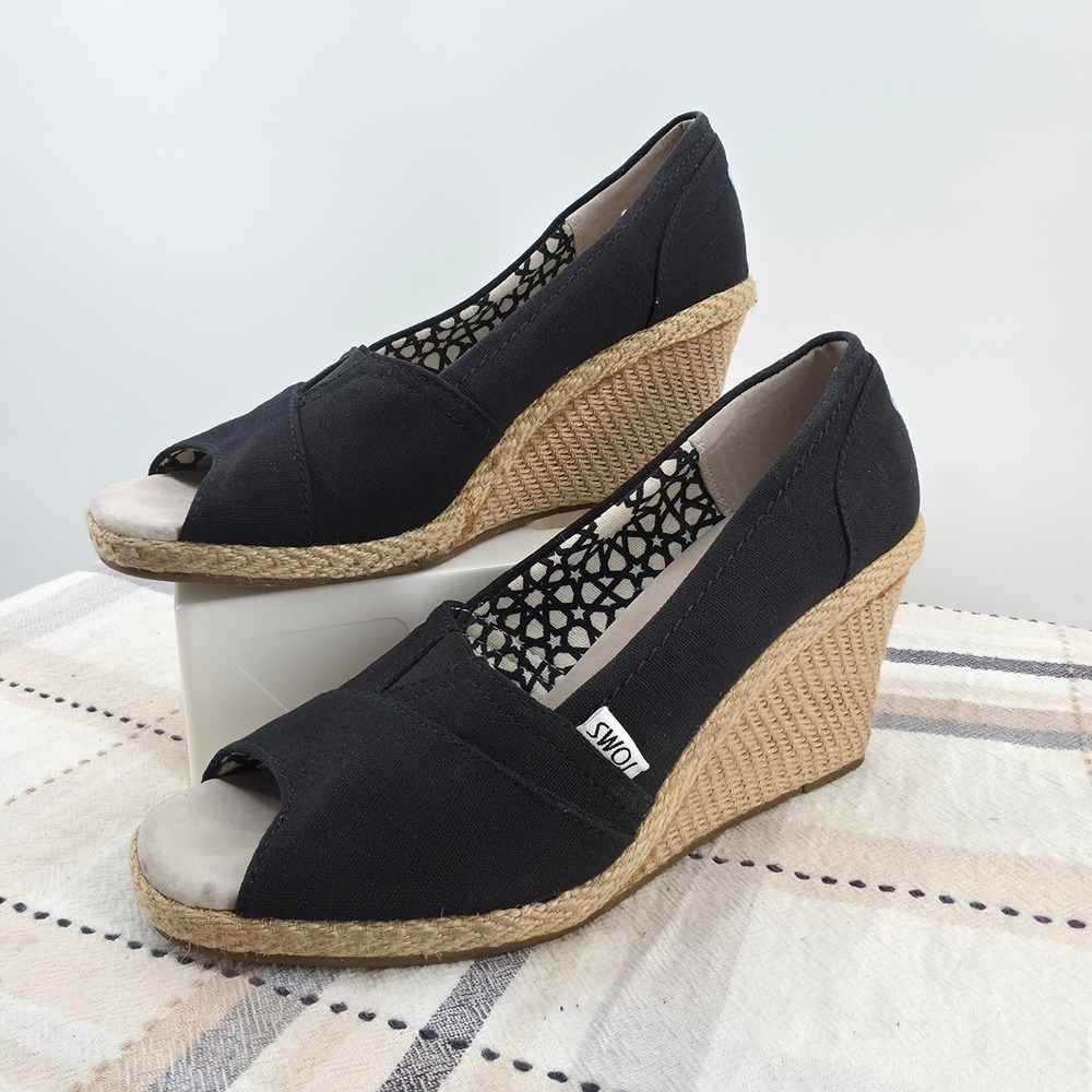 TOMS Womens Black Canvas Peep Toe Espadrille Wedge Sandals Size 8 M